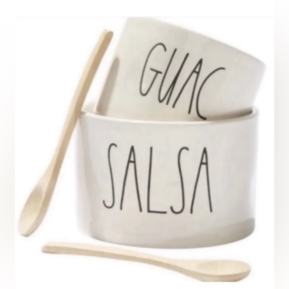 NEW Rae Dunn Salsa & Guac Dip Ceramic Serving Bowls with Wooden Spoons. - Picture 2 of 10